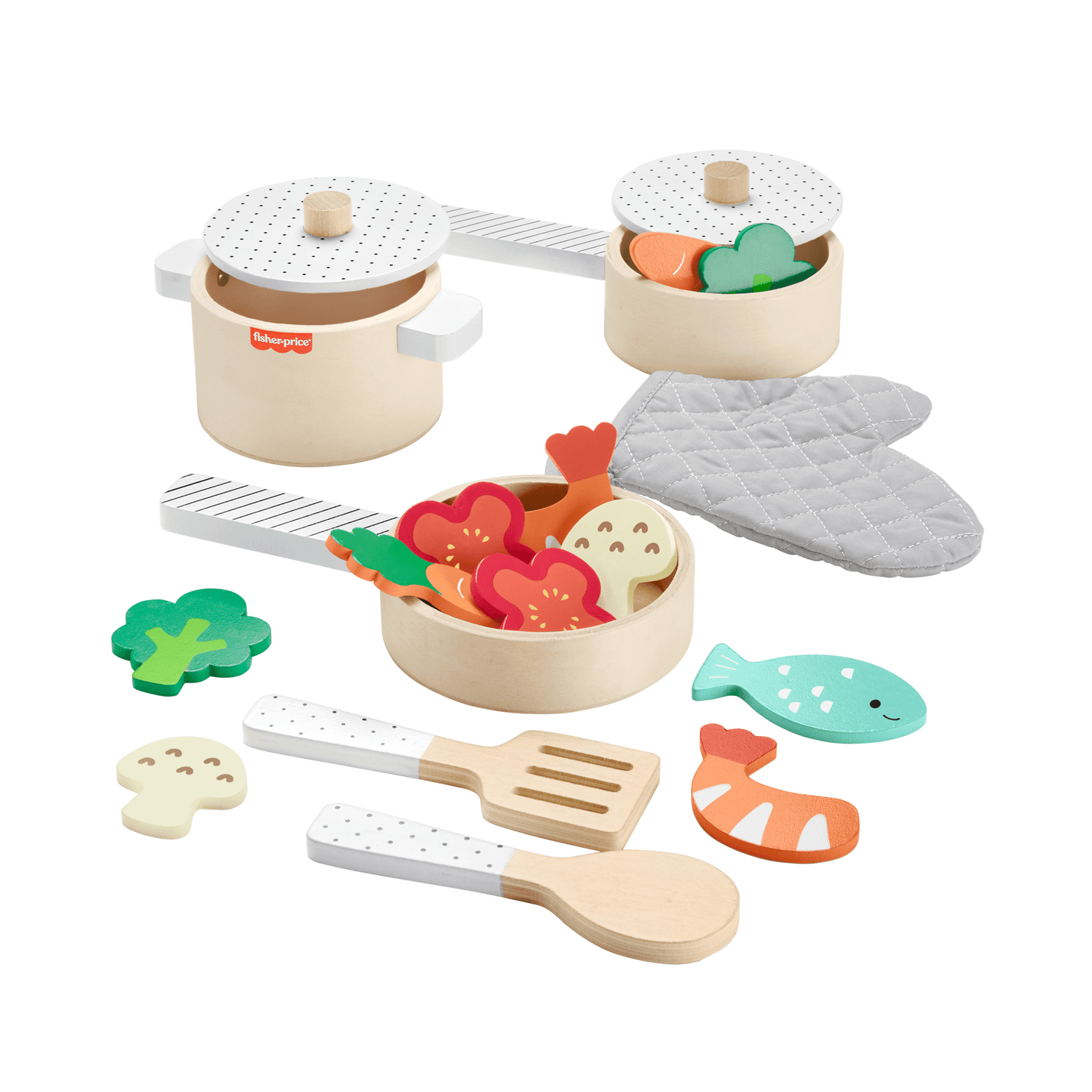 Fisher-Price Coffret Marmite et Casseroles en Bois, 19 ¨¦l¨¦ments